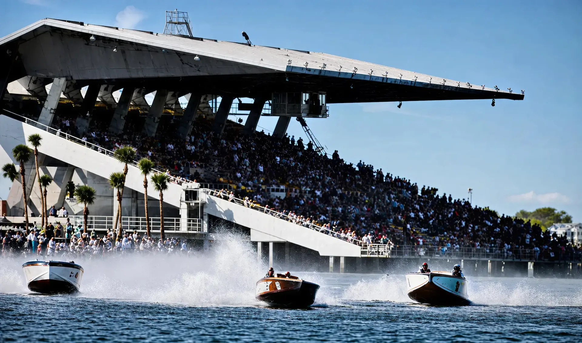 Powerboats racing past Marine Stadium grandstand