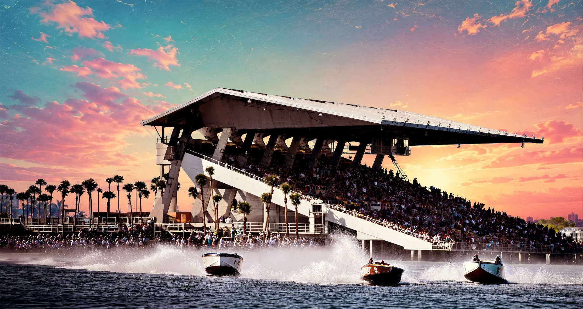 Miami Marine Stadium with powerboats racing at sunset