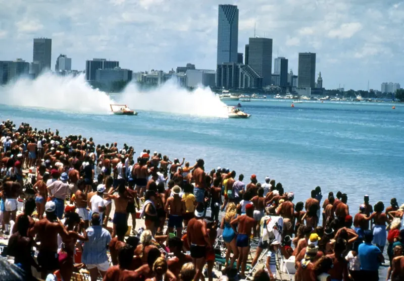 Powerboat race past the Miami skyline