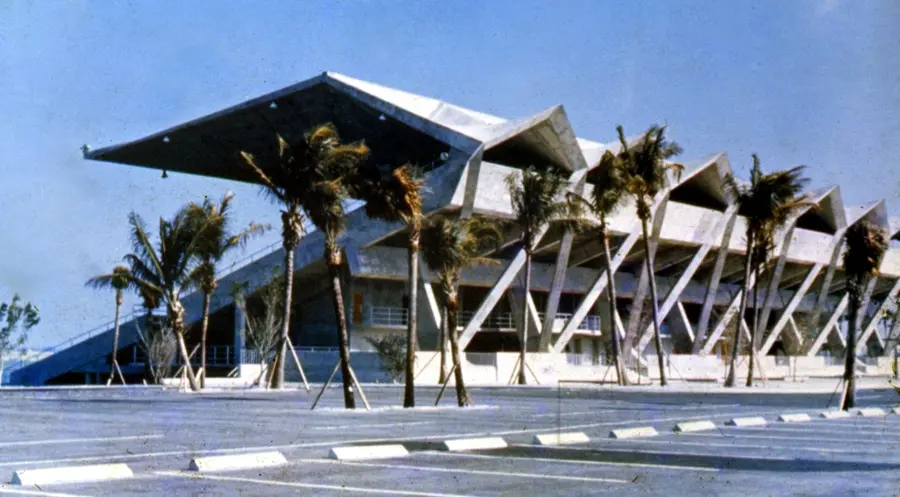Marine Stadium exterior with palm trees