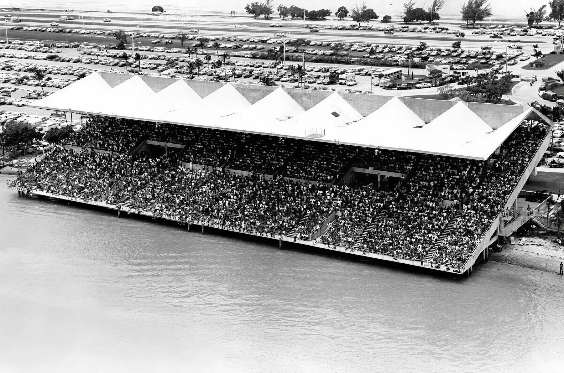 Aerial view of Miami Marine Stadium packed with crowds
